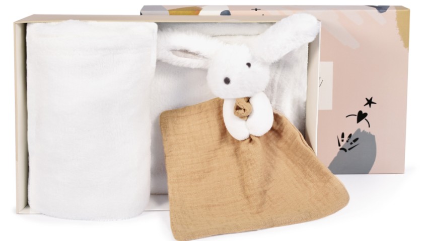 coffret cadeau plaid bébé et doudou lapin marron et blanc