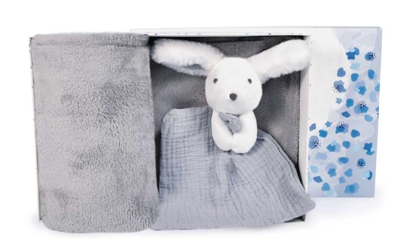 coffret cadeau plaid gris et doudou lapin blanc et gris