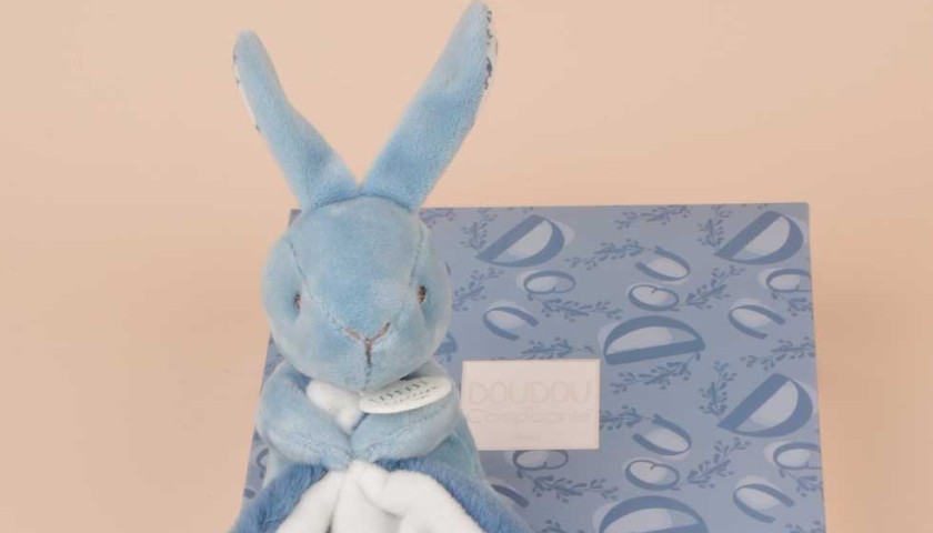 Doudou  mouchoir Lapin- 10 cm - Bleu
