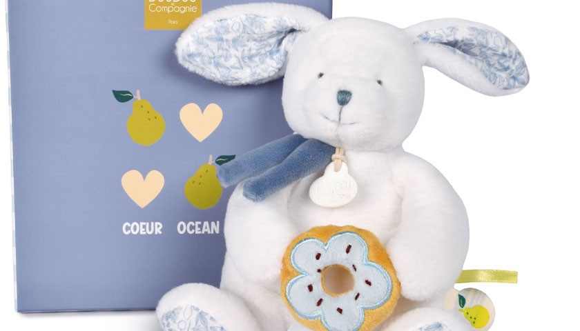 Doudou lapin avec donut bleu - 20 cm - Vanille Fraise