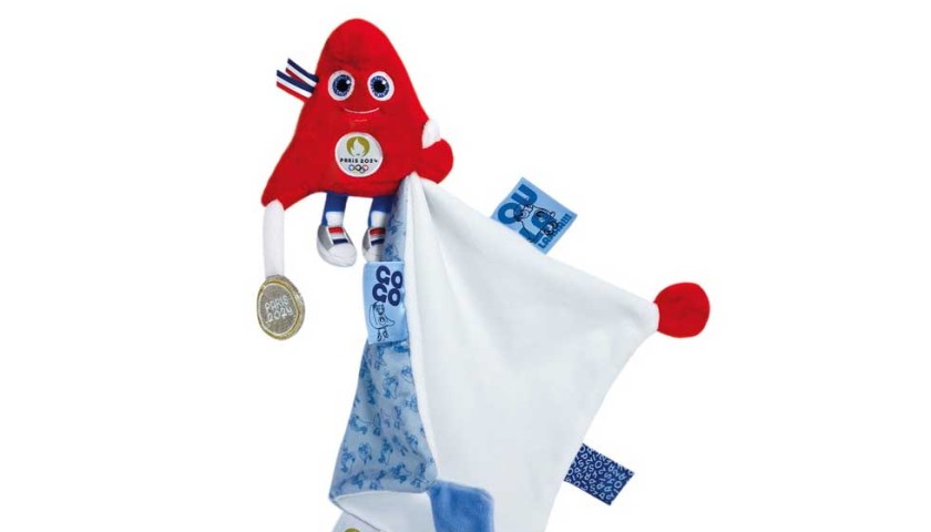doudou carré blanc avec étiquettes et peluche mascotte jeux olympiques