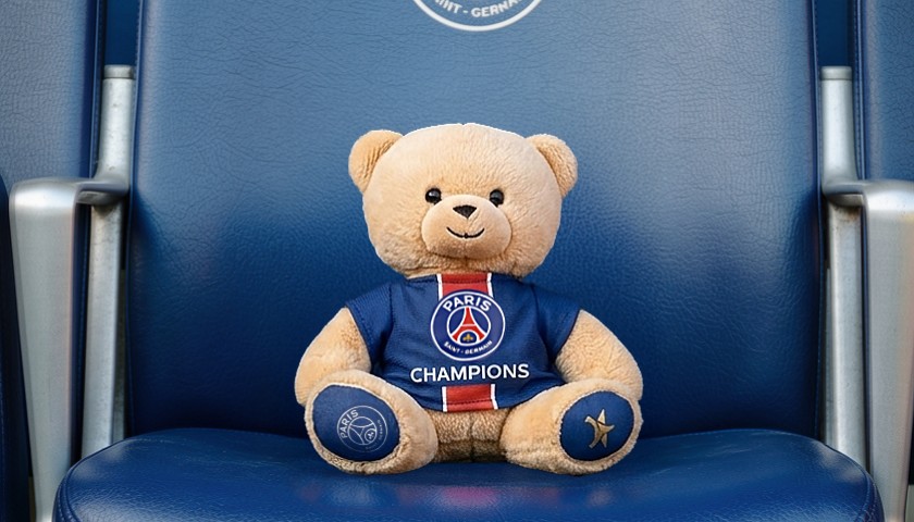 ours en peluche marron avec maillot PSG champion