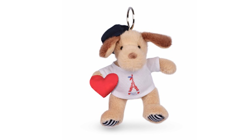 Porte clé Chien beige avec T-shirt Tour Eiffel - 15 cm