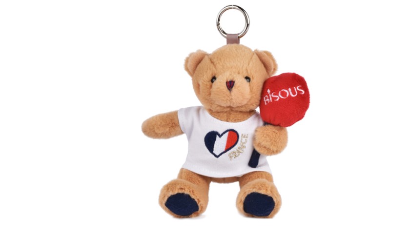 Porte cle Ours beige avec ballon rouge inscription Bisous - 15 cm