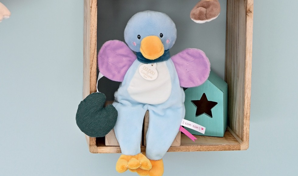 peluche canard bleu et violet bec orange