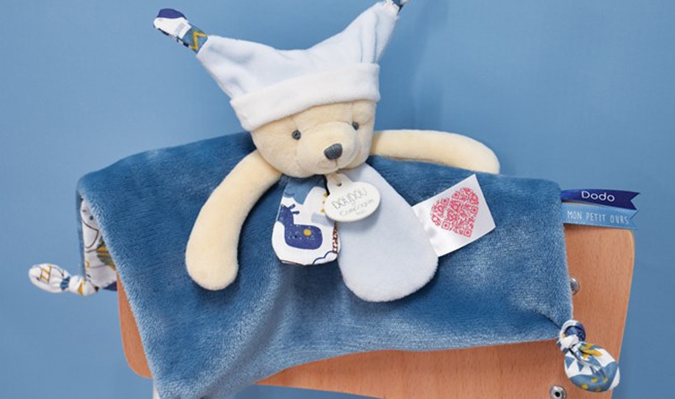 Doudou plat Ours bleu 3 histoires avec QR code à flasher