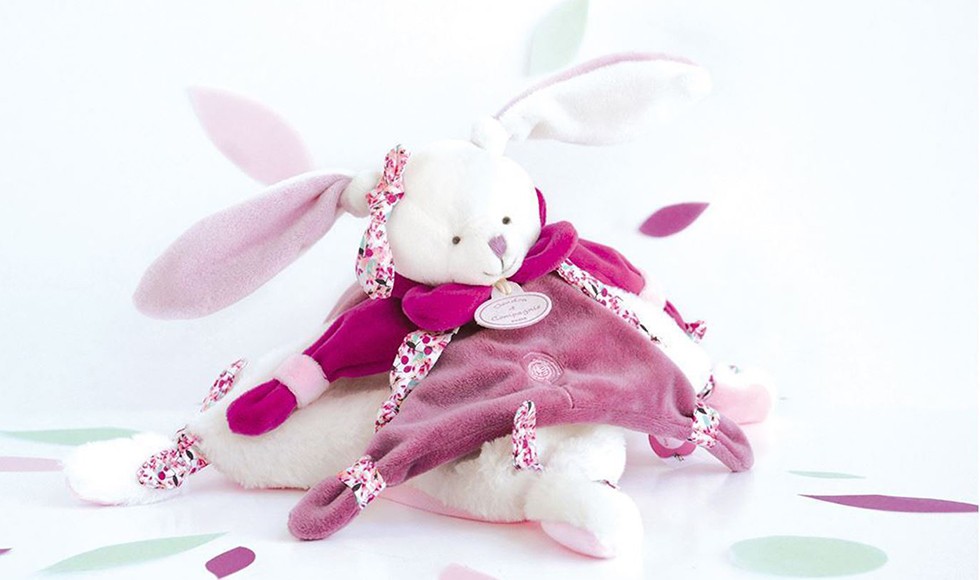 doudou plat lapin cerise rose et écru