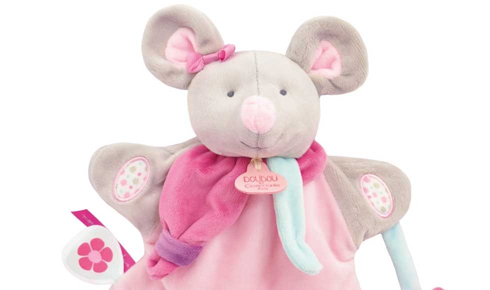 doudou marionnette souris grise vêtue d'une robe rose
