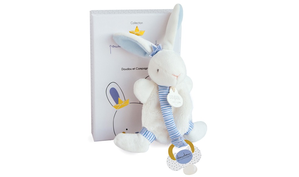 mini doudou lapin écru avec lien attache sucette à rayures bleues