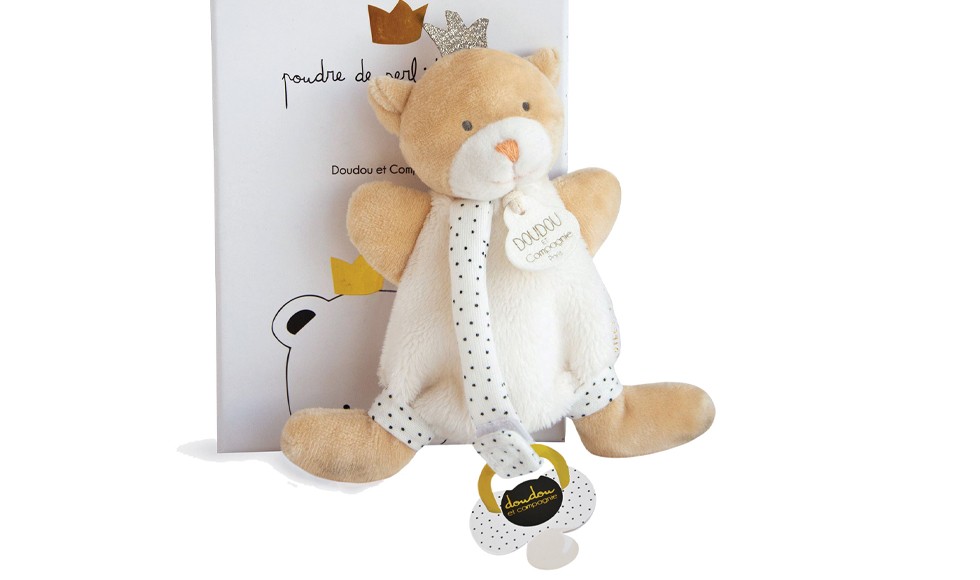 doudou ours marron et écru attache tétine avec couronne dorée