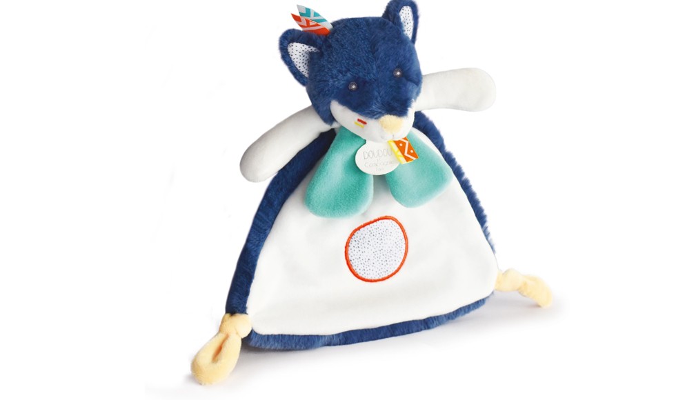 Doudou plat Loup bleu marine et blanc avec col vert et nouettes