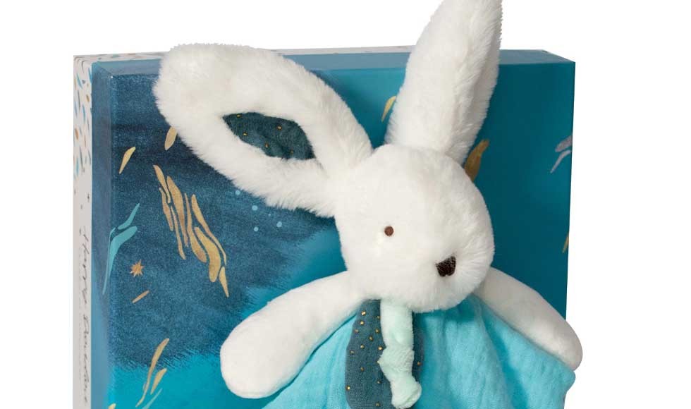 doudou  lapin blanc plat bleu turquoise