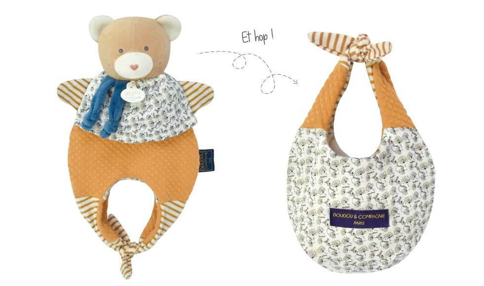 doudou marionnette ours réversible qui se transforme en sac jaune moutarde