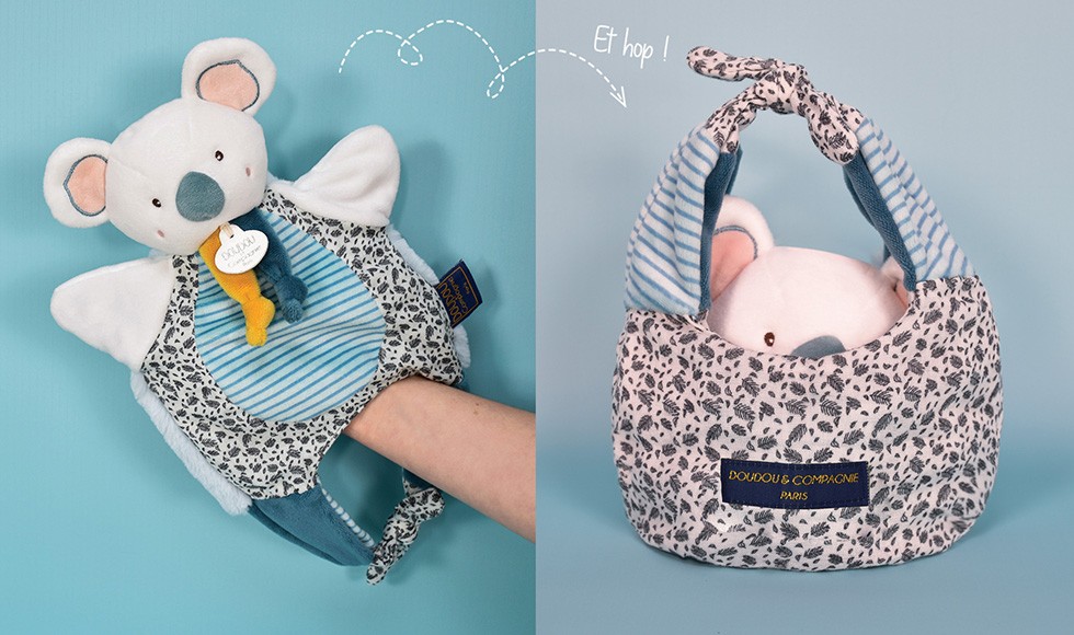 doudou marionnette koala écru qui se transforme en sac au motif fleuri