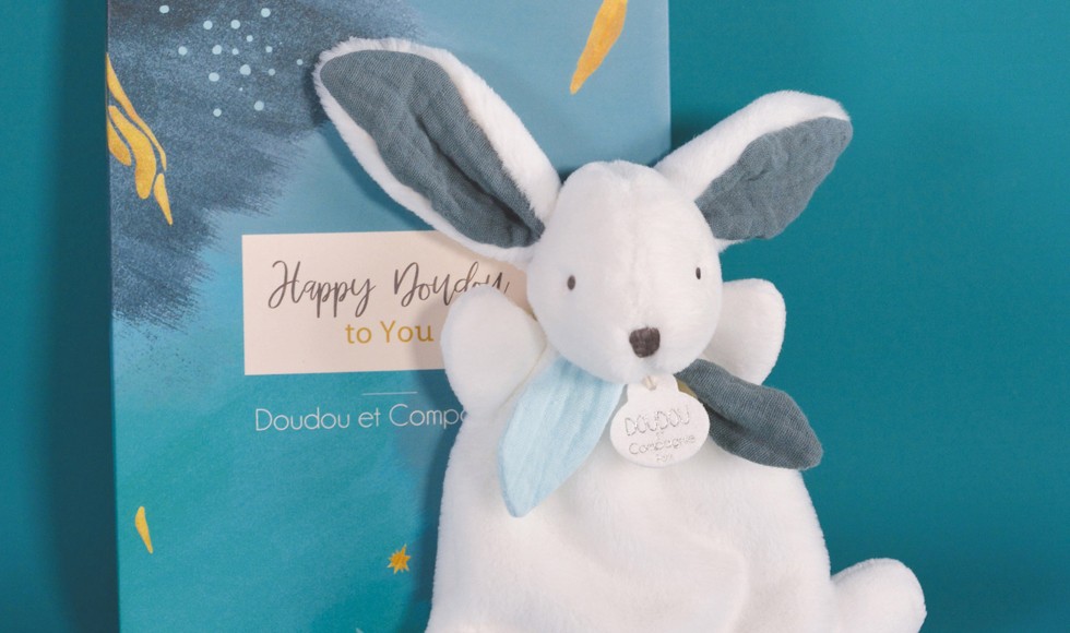 mini doudou plat lapin écru et bleu