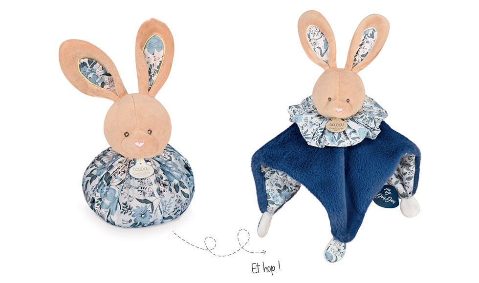 doudou lapin marron se transformant en boule bleu marine