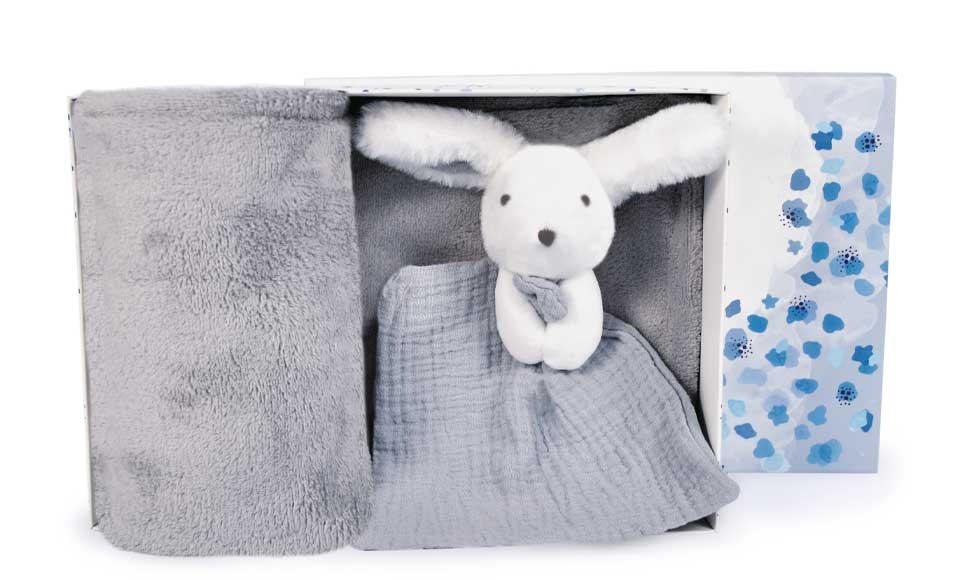 coffret cadeau plaid gris et doudou lapin blanc et gris