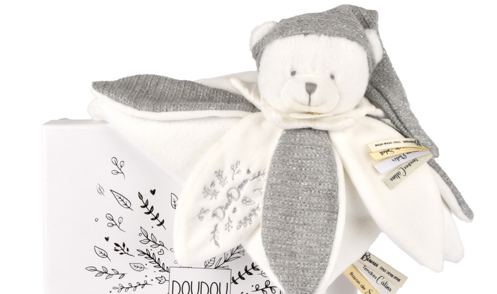 Doudou plat pétales Ours blanc et Gris - 25 cm