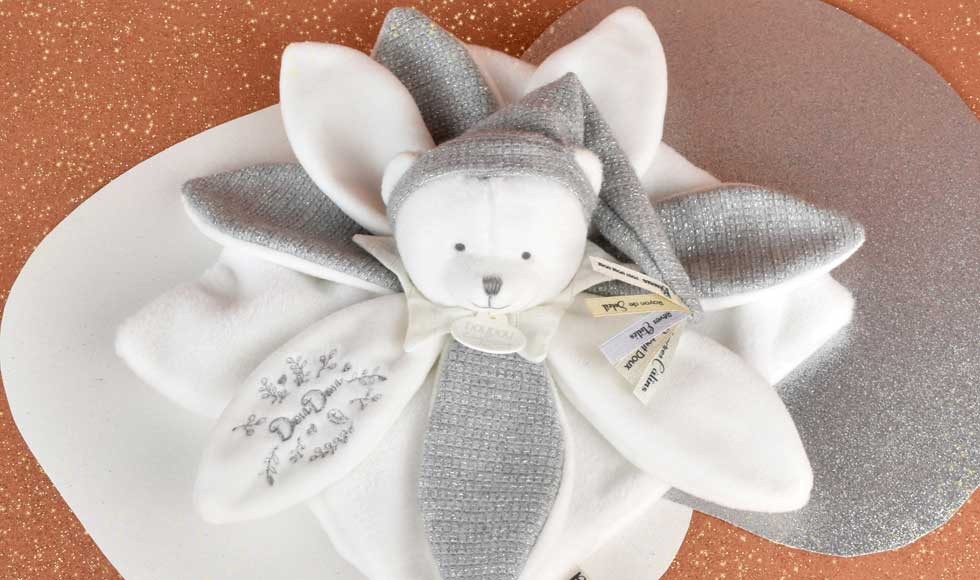 Doudou plat pétales Ours blanc et Gris - 25 cm