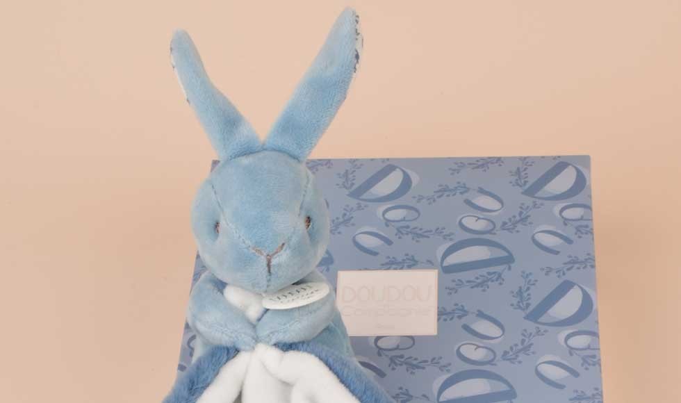 Doudou  mouchoir Lapin- 10 cm - Bleu