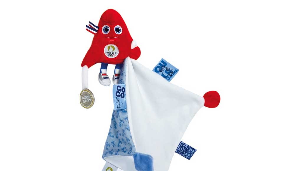 doudou carré blanc avec étiquettes et peluche mascotte jeux olympiques