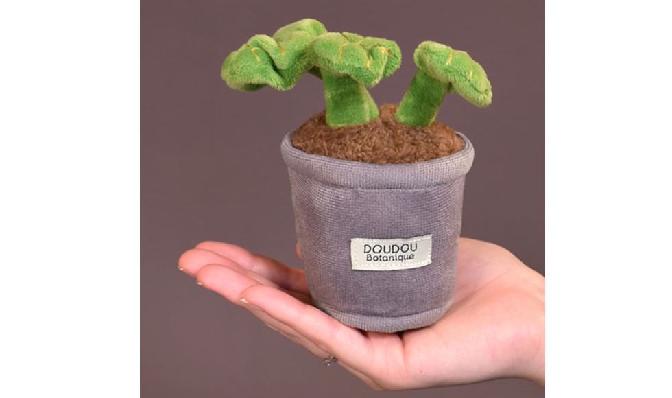 Peluche fleur - 9 cm- Plante avec feuilles vertes et pot violet