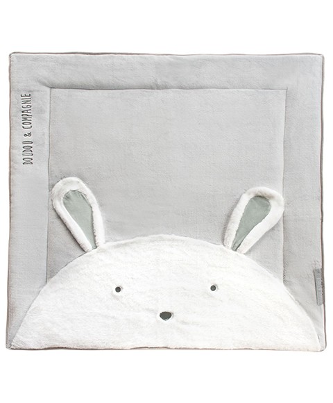 tapis carré enfant 100x100 cm gris avec motif lapin blanc