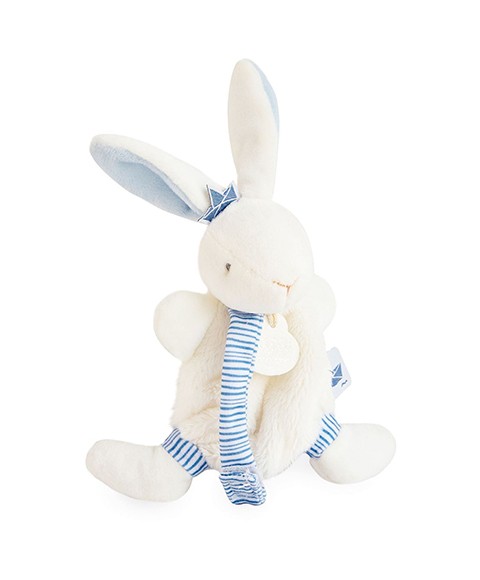 mini doudou lapin écru avec lien attache sucette à rayures bleues