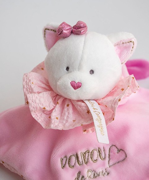 doudou chat carré rose avec tête écrue colerette et noeud glitter