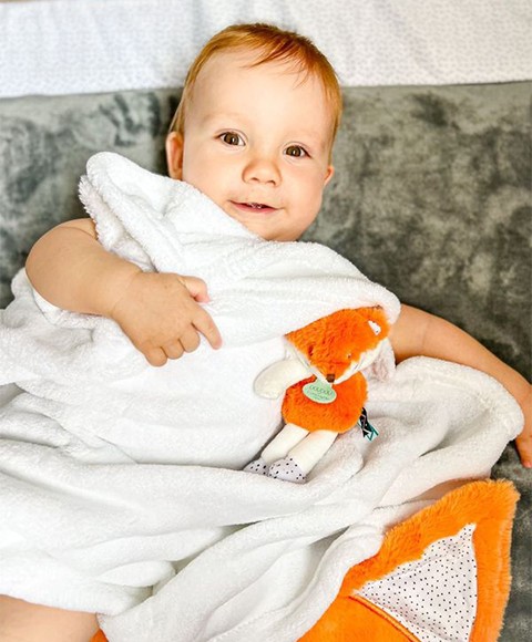 plaid bébé blanc et peluche renard orange en boite