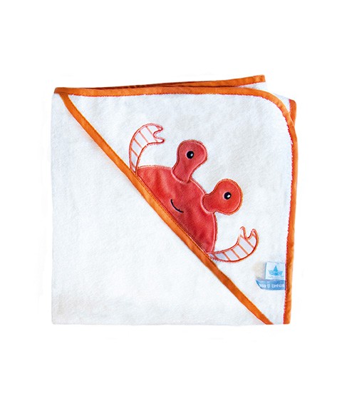 cape de bain enfant blanche avec motif crabe orange sur la capuche