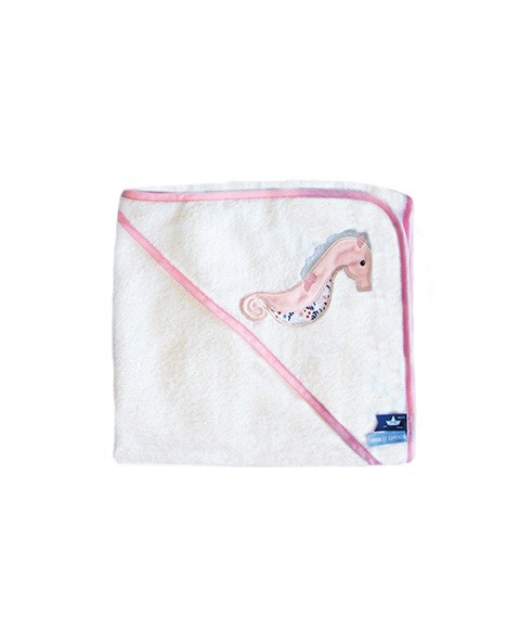 cape de bain blanche avec hippocampe rose appliquée brodée sur la capuche