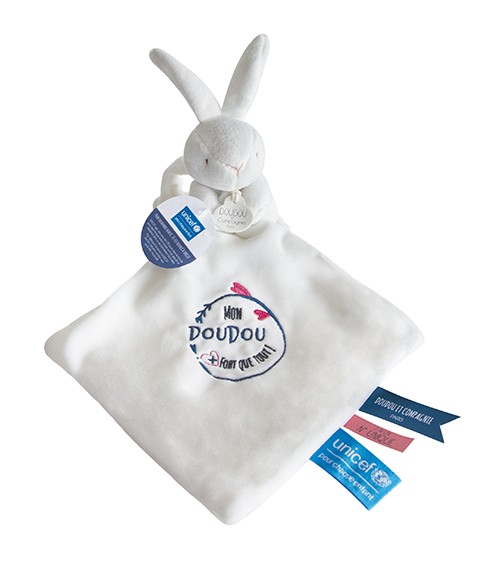 sac à doudou en coton blanc + peluche lapin 10 cm