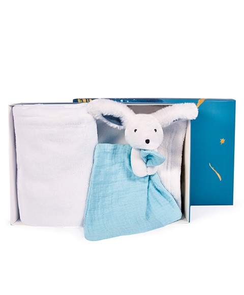 coffret cadeau plaid blanc bébé + doudou lapin blanc et bleu