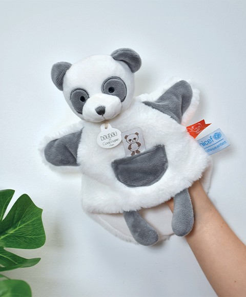 marionnette en peluche panda gris et blanc
