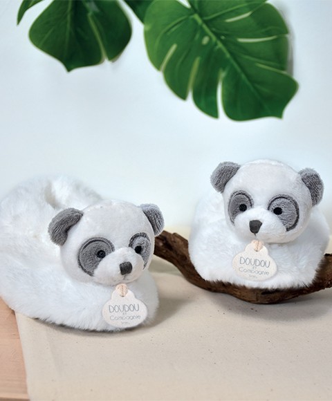 chaussons bébé en peluche panda gris et blanc