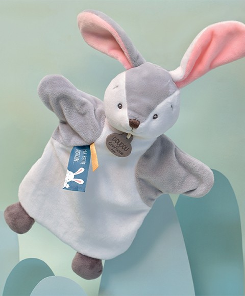 doudou marionnette lapin gris et blanc avec l'intérieur des oreilles roses