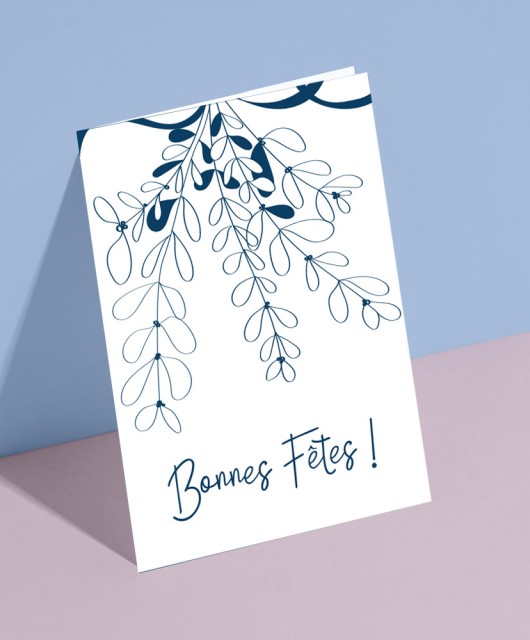 carte de voeux motif végétal bleu sur fond blanc