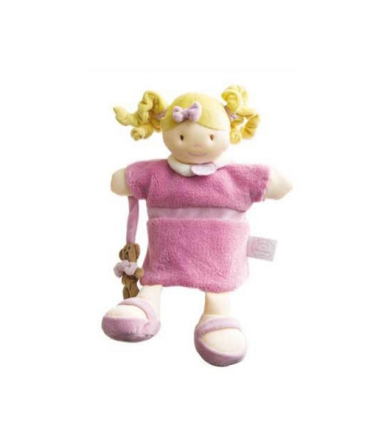Doudou poupée marionnette à main fille rose avec ourson à la patte