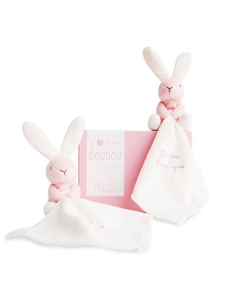 lot de 2 petits lapins roses assis avec mouchoir