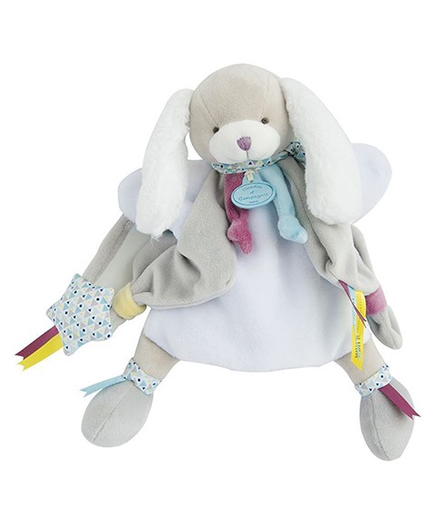 Doudou marionnette chien toopi gris et blanc avec col coloré et petits rubans