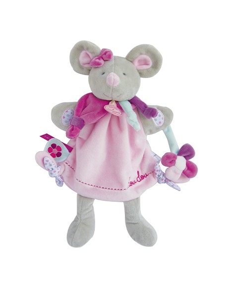 doudou marionnette souris grise vêtue d'une robe rose