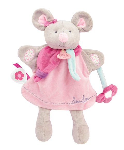 doudou marionnette souris grise vêtue d'une robe rose
