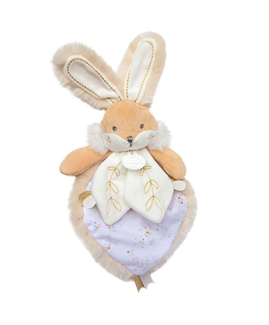 doudou plat lapin blanc avec col petales brodés