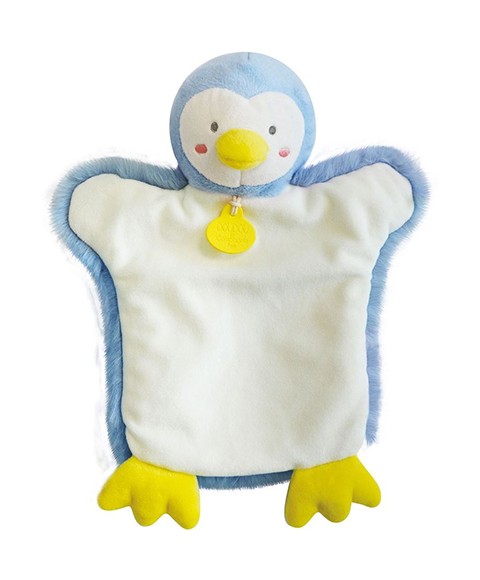 doudou marionnette pingouin en peluche bleu et jaune