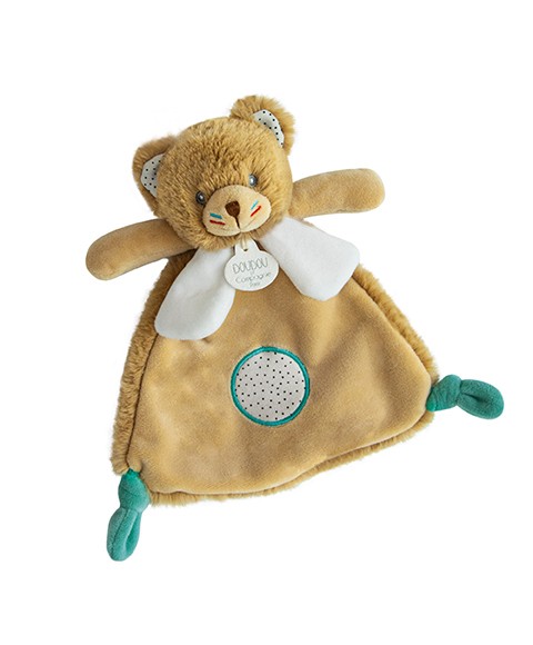 Doudou plat Ours miel avec colerette blanche et nouettes