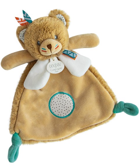 Doudou plat Ours miel avec colerette blanche et nouettes