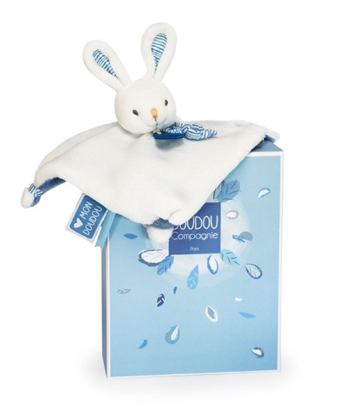mini doudou lapin écru avec touches d' imprimé bleu