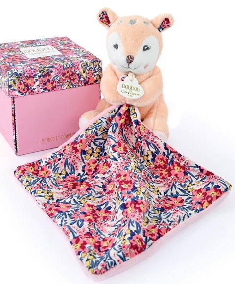 Doudou avec mouchoir faon rose et fleuri -boh'aime - Doudou et compagnie