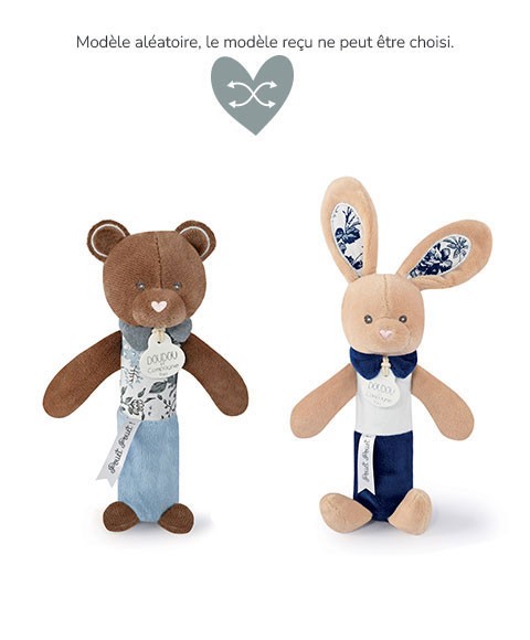 Jouet en peluche pouet pouet Ours brun et Lapin beigne, tissus bleu - boh'aime - Doudou et Compagnie DC4029